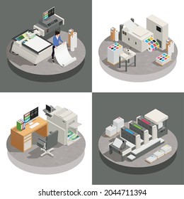 Printing house set of square compositions with isometric images of working places with electronic work stations vector illustration