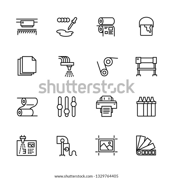 Printing house simple icon set.\
Contains such symbols printer, scanner, offset machine, plotter,\
brochure, rubber stamp. Polygraphy office, typography\
concept