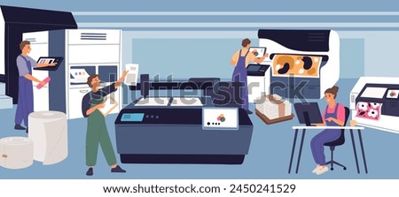 Printing house staff working. Polygraphy productions. People in printshop. Typography machines. Professional equipment. Color correction. Press office employees. Garish