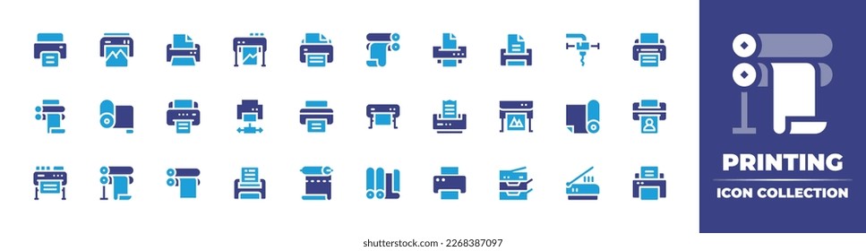 Printing icon collection. Duotone color. Vector illustration. Containing printer, art and design, plotter, rolling machine, print, d printing, offset, paper roll, bill, print cylinder, roll out.