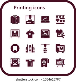 printing icon set. 16 filled printing icons.  Simple modern icons about  - Shirt, 3d printer, Analytics, Bookmark, Monaco, 3d printing scanner