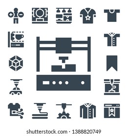printing icon set. 17 filled printing icons.  Collection Of - Analytics, 3d printing scanner, 3d modeling, 3d printer, Shirt, Bookmark,
