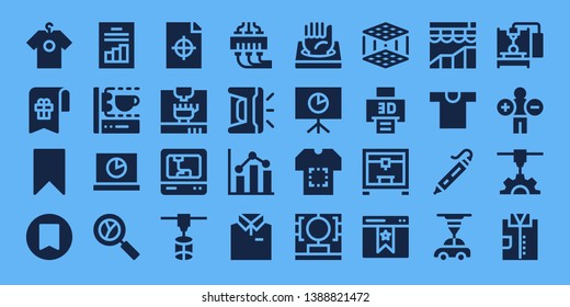 printing icon set. 32 filled printing icons. on blue background style Collection Of - Shirt, Bookmark, Analytics, 3d printing scanner, test, 3d 3d printer, pen