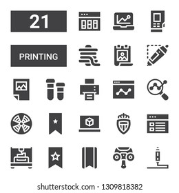 printing icon set. Collection of 21 filled printing icons included d printing pen, d handheld scanner, Bookmark, Analytics, Monaco, d software, filament