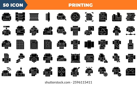 printing icon set. Containing print, printing, machine,and more. Solid vector icons collection.