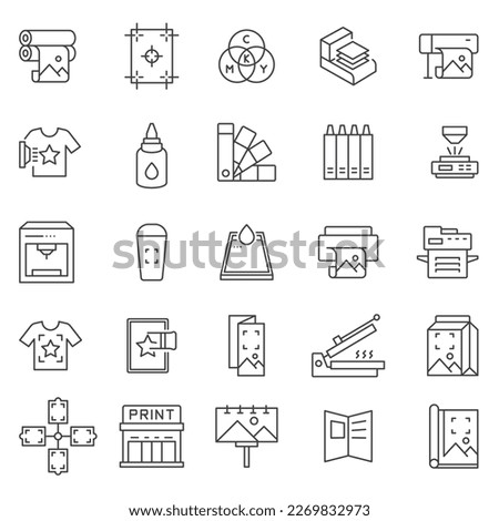 Printing, icon set. Digital and offset, linear icons. Line with editable stroke