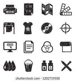 Printing Icons. Black Scribble Design. Vector Illustration.