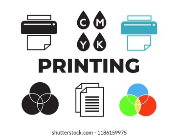 Printing icons. Palette and printer set. Printing colorful sign
