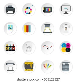 Printing icons set. Flat illustration of 16 printing vector icons for web