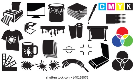 Printing icons set - palette, printer, CMYK and RGB colors, paintbrush, pipette, monitor, magnifier, plotter, gamma and tool. Vector illustration, can, mug, stains