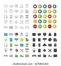Printing icons set. Polygraphy and typography. Posters, flyers, brochures, booklets templates. Linear, flat design, color and glyph styles. isolated vector illustrations