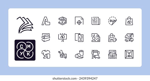 Conjunto de iconos de línea de industrias de impresión. Colección de símbolos de contorno. Trazo vectorial editable. 384 y 192 píxeles Perfecto ampliable a 96px, 48px...