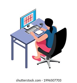 Printing industry isometric icon with designer working on computer 3d vector illustration