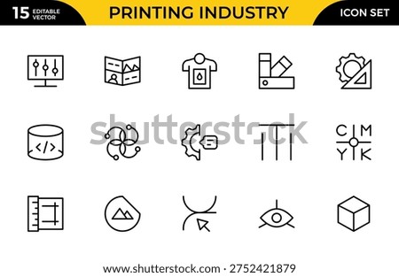 Printing Industry Line Icon Set for Print Shop, Offset Printing, Packaging, Publishing and Graphic Production Outline Vector Collection