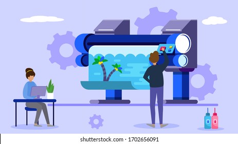 Printing industry, tiny character work in creative business office, flat vector illustration. Male, female standing printing machine and ink, gear background. Design for typographic plotter.