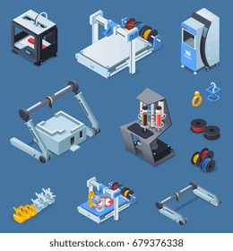  Printing isometric set with equipment on blue background isolated vector illustration 