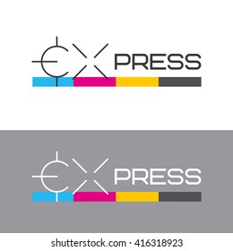 Printing labels and CMYK scale. Printing services, express print & copy, media center, print house, photo studio. Logo template.