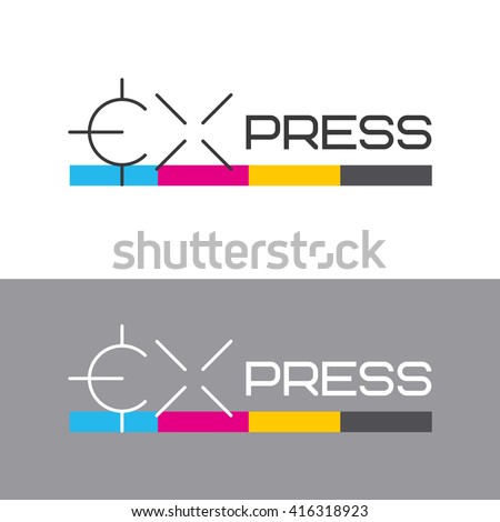 Printing labels and CMYK scale. Printing services, express print & copy, media center, print house, photo studio. Logo template.