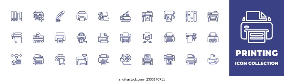 Printing line icon collection. Editable stroke. Vector illustration. Containing paper roll, add, printing pen, printer, printing, scanner, plotter, print, ink level, printing machine, offset.