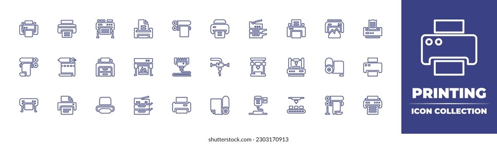 Colección de iconos de línea de impresión. Trazo editable. Ilustración vectorial. Conteniendo impresora, trazador, cilindro de impresión, escáner, arte y diseño, facturación, laminadora, despliegue, impresión, impresión.