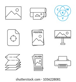 Printing linear icons set. Digital image, printers, CMYK model, printing registration mark, poster, billboard, folded paper, flyer. Thin line contour symbols. Isolated vector outline illustrations