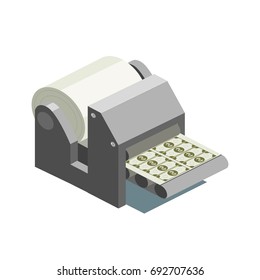 Printing Machine Prints Money Isometric Style Colorful Vector Illustration