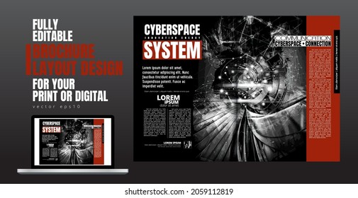 Revista de impresión, diseño de folletos con fondo tecnológico, vector