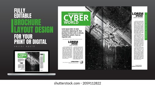 Revista de impresión, diseño de folletos con fondo tecnológico, vector