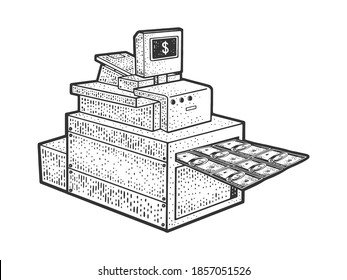 Printing Money Dollars Machine Sketch Engraving Vector Illustration. T-shirt Apparel Print Design. Scratch Board Imitation. Black And White Hand Drawn Image.