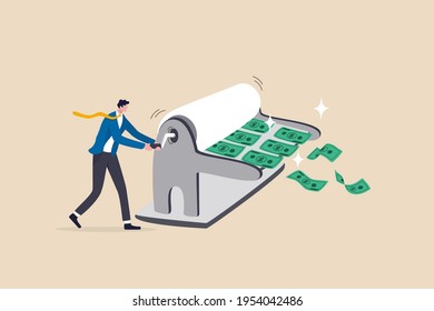 Printing money, quantitative easing policy by countries central bank or FED, federal reserve to stimulate economics concept, businessman central bank man rolling money printer to print money banknotes