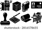 Printing and Office Work Icons with Printer, Paper Stack, Ink Cartridge, Stamp, Cutter, Roll, ID Card, and Press