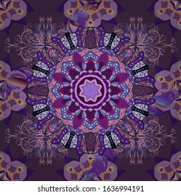 Printing on fabric or paper. Vintage decorative elements. Vector seamless pattern tile with mandalas. Islam, Arabic, Indian, ottoman motifs. Hand drawn sketch on neutral, violet and purple colors.