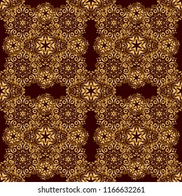 For printing on fabric, scrapbooking, gift wrapping. Vector seamless vintage pattern in gold on brown background.