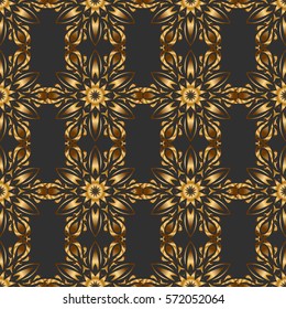 For printing on fabric, scrapbooking, gift wrapping. Vector seamless vintage pattern in gold on gray background.