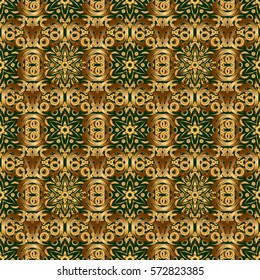 For printing on fabric, scrapbooking, gift wrapping. Vector seamless vintage pattern in gold on green background.
