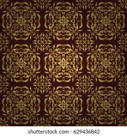 For printing on fabric, scrapbooking, gift wrapping. Vector seamless vintage pattern in gold on brown background.