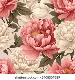 For printing on textiles, clothes, pillows, cups. Beautiful and bright seamless peonies. Vector.