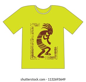 Printing on a T-shirt. Native Americans ethnic symbol, kokopelli, hatchet man. Grunge effect applied.