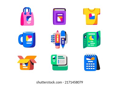 Printing On Various Types Of Surfaces Icon Set Vector Illustration. Digital Printing And Polygraph Colors. Copy Center And Printing Service Concept