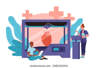 Impresión de órganos en impresora 3D. Hombre y mujer crean órganos internos para trasplante. Tecnologías e innovaciones modernas. Atención de salud y ayuda, medicina. Ilustración vectorial plana