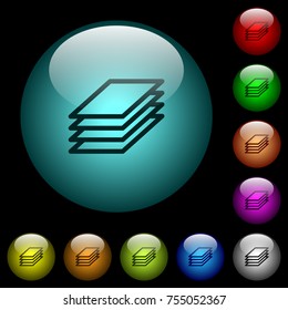 Printing papers icons in color illuminated spherical glass buttons on black background. Can be used to black or dark templates
