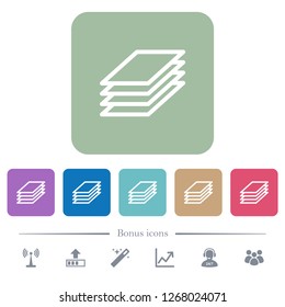 Printing papers white flat icons on color rounded square backgrounds. 6 bonus icons included