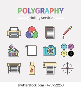 Printing polygraphy line icons set. Printing elements. Vector infographic.