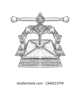 Printing press illustration in hand drawn sketch 