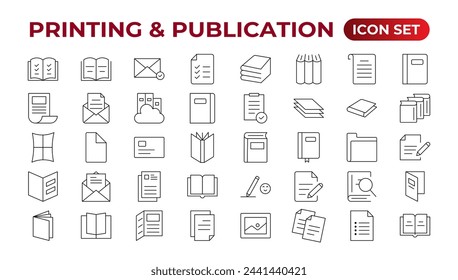 Printing and Publication icon set. Flyer Brochure line icon set. letterhead, booklet, leaflet, corporate catalog, and envelope icon set. Outline iconcollection.