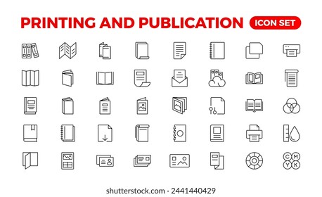 Printing and Publication icon set. Flyer Brochure line icon set. letterhead, booklet, leaflet, corporate catalog, and envelope icon set. Outline iconcollection.