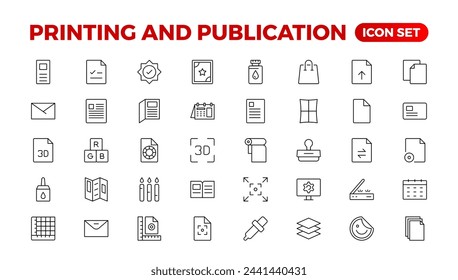 Printing and Publication icon set. Flyer Brochure line icon set. letterhead, booklet, leaflet, corporate catalog, and envelope icon set. Outline iconcollection.