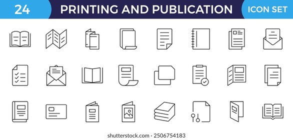 Printing and Publication icon set. Flyer Brochure line icon set. letterhead, booklet, leaflet, corporate catalog, and envelope icon set. Outline iconcollection.
