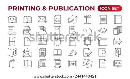 Printing and Publication icon set. Flyer Brochure line icon set. letterhead, booklet, leaflet, corporate catalog, and envelope icon set. Outline iconcollection.