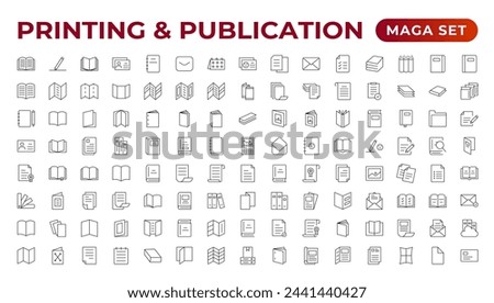 Printing and Publication icon set. Flyer Brochure line icon set. letterhead, booklet, leaflet, corporate catalog, and envelope icon set. Outline iconcollection.